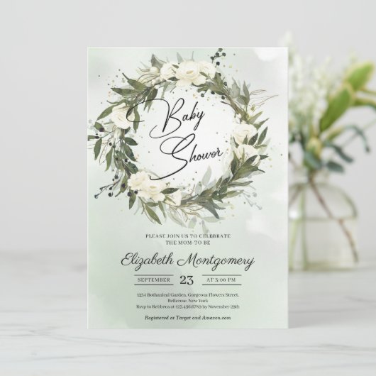 Boho Dusty Greenery Olive Wreath White Roses Kaart (Staand voorkant)