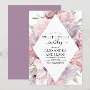 Boho Dusty Paars Sweet 16 Birthday Floral Invitat Kaart