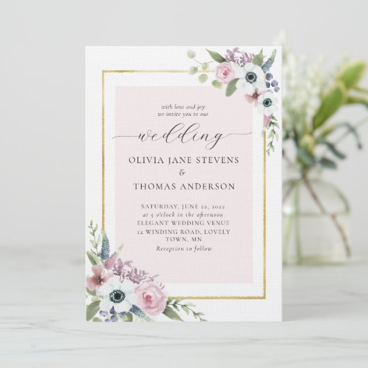 Boho Dusty Pink Anemone Roos Floral Lijst Weddensc Kaart (Staand voorkant)