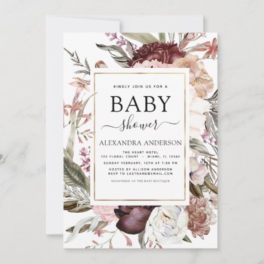 Boho Dusty Pink Burgundy Baby shower Kaart (Voorkant)