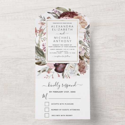 Boho Dusty Pink Burgundy Wedding All In One Uitnodiging (Binnen)