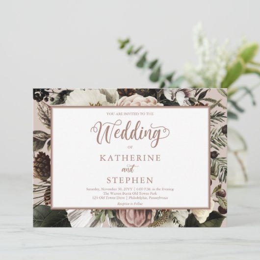 Boho Dusty Pink Floral Bouquet Wedding Invitation Kaart (Staand voorkant)