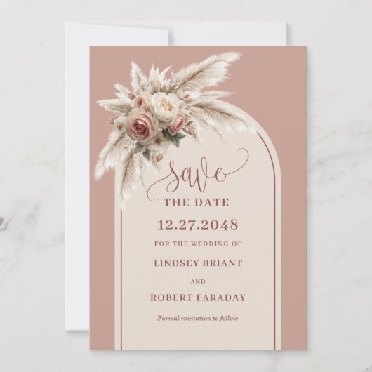 Boho Dusty Pink Floral Pampas Grass Save the Date Kaart (Voorkant)