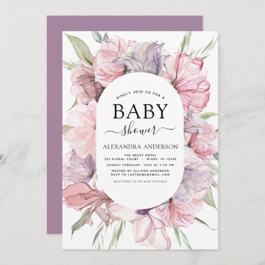 Boho Dusty Pink Paars Baby shower Uitnodiging (Voorkant / Achterkant)