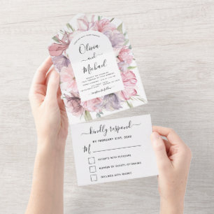 Boho Dusty Pink Paars Wedding Romantic RSVP All In One Uitnodiging