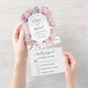 Boho Dusty Pink Paars Wedding RSVP All In One Uitnodiging