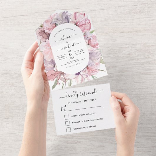Boho Dusty Pink Paars Wedding RSVP All In One Uitnodiging (Afscheurbaar)