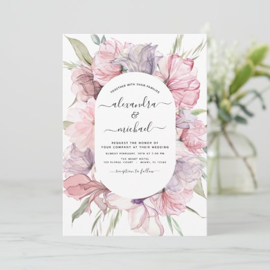 Boho Dusty Pink Paarse Wedding Uitnodiging (Staand voorkant)