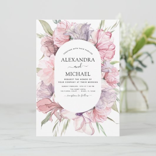 Boho Dusty Pink Paarse Wedding Uitnodiging (Staand voorkant)