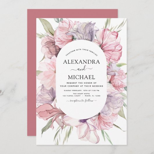 Boho Dusty Pink Paarse Wedding Uitnodiging (Voorkant / Achterkant)