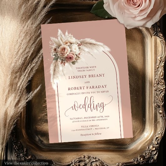 Boho Dusty Pink Pampas Floral Wedding Invitation Kaart