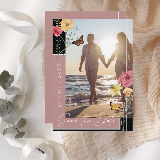 Boho Dusty Pink Wildflower Foto Save the Date