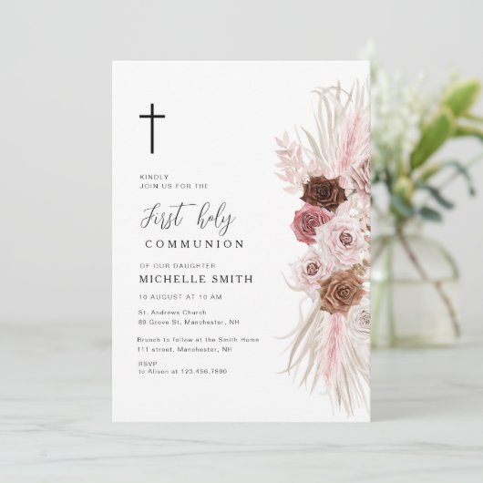 Boho Dusty roos Bloemen Eerste Communie Kaart (Staand voorkant)