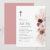 Boho Dusty roos Bloemen Eerste Communie Kaart (Voorkant / Achterkant)