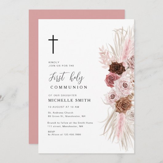 Boho Dusty roos Bloemen Eerste Communie Kaart (Voorkant / Achterkant)