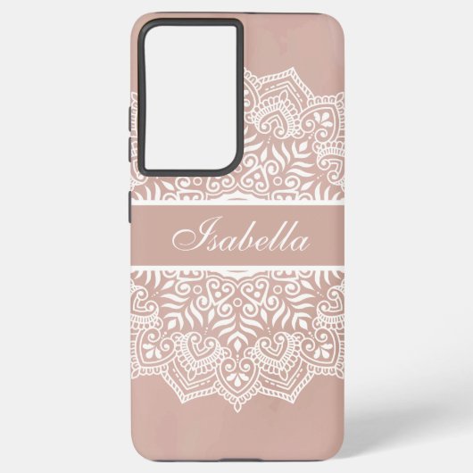 Boho Dusty Roos en Witte Mandala Custom Name Samsung Galaxy Hoesje (Achterkant)