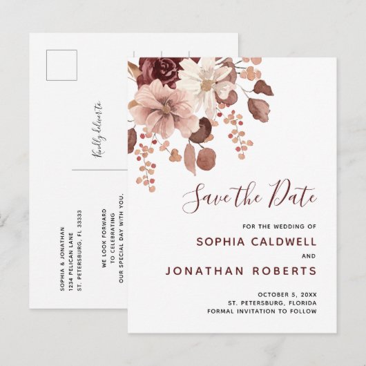 Boho Dusty Roos Eucalyptus Floral Save the Date Aankondigingskaart (Voorkant / Achterkant)