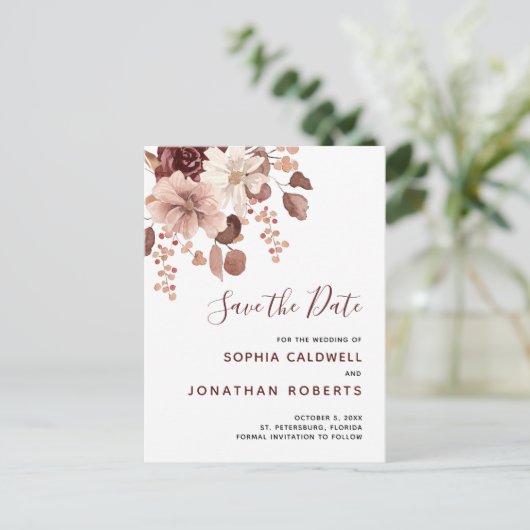 Boho Dusty Roos Eucalyptus Floral Save the Date Aankondigingskaart (Staand voorkant)
