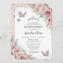 Boho Dusty Roos Floral Pampas Silver Quinceañera Kaart