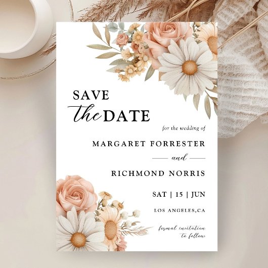 Boho Dusty Roos Floral Wedding Save the Date Kaart