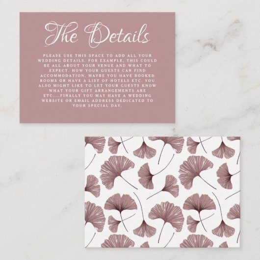 Boho Dusty Roos Ginkgo Botanical Wedding Details Informatiekaartje (Voorkant / Achterkant)