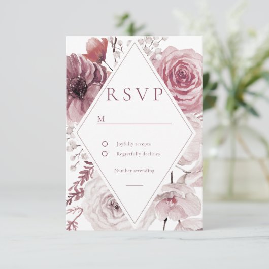 Boho Dusty Roos & Mauve Floral Lijst Wedding RSVP Kaartje (Staand voorkant)