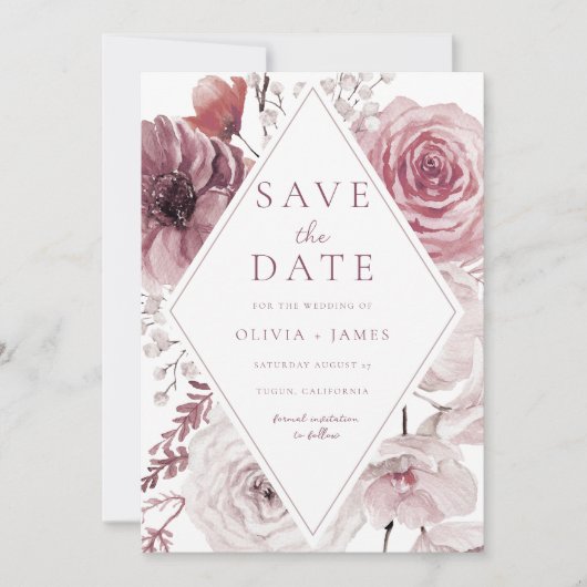 Boho Dusty Roos & Mauve Floral Lijst Wedding Save The Date (Voorkant)