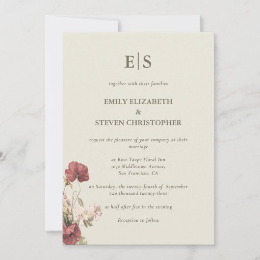 Boho Dusty Roos Monogrammed Hedendaagse Bruiloft Kaart (Voorkant)