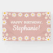 Boho Dusty Roos Pink Retro Daisies Birthay Party Spandoek (Horizontaal)