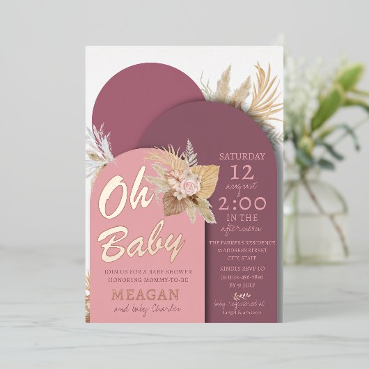 Boho Dusty Roos Roze Mauve Baby shower Folie Uitnodiging (Staand Voorkant)