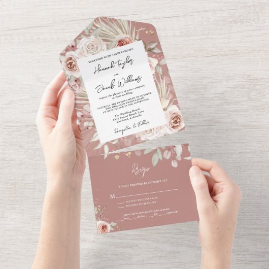 Boho Dusty Roos Rustic Floral met RSVP Wedding All In One Uitnodiging (Afscheurbaar)