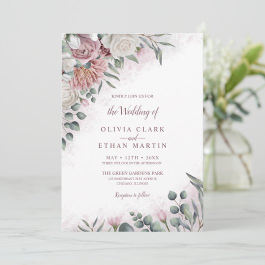 Boho Dusty Roos Waterverf Floral Rustic Kaart (Staand voorkant)