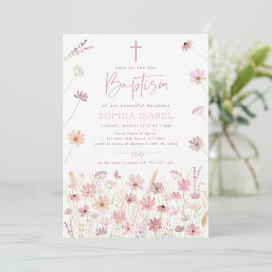 Boho Dusty Roos Wildflowers Doop Kaart (Staand voorkant)