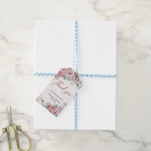 Boho dusty roses eucalyptus faux gold Weddenschap Cadeaulabel (Met Touw)