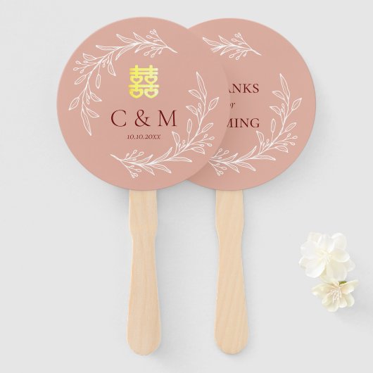 Boho dusty roze blad met een moderne Chinese bruil Handwaaier (Voorkant en achterkant)