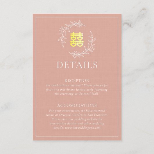 Boho dusty roze blad met een moderne Chinese bruil Informatiekaartje (Voorkant)