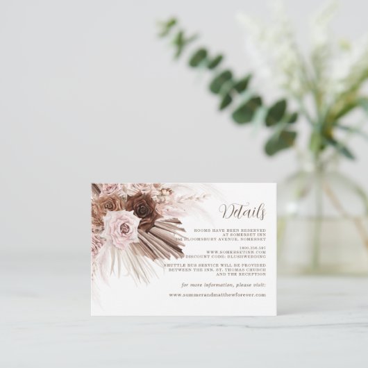 Boho Dusty Roze Bruin Bloemen Pampas Grass Bruilof Informatiekaartje (Staand voorkant)