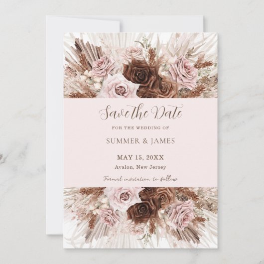 Boho Dusty Roze Bruin Bloemen Pampas Grass Bruilof Save The Date (Voorkant)