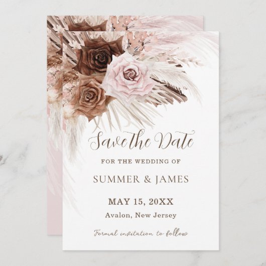 Boho Dusty Roze Bruin Bloemen Pampas Grass Bruilof Save The Date (Voorkant / Achterkant)