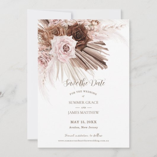 Boho Dusty Roze Bruin Bloemen Pampas Grass Bruilof Save The Date (Voorkant)