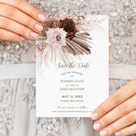 Boho Dusty Roze Bruin Bloemen Pampas Grass Bruilof Save The Date