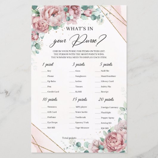 Boho dusty roze floral What in Your Purse Game (Voorkant)