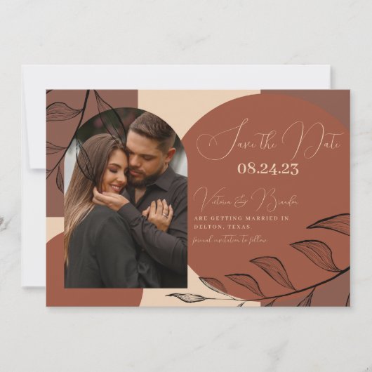 Boho Earth Tone Arch Foliage Terracotta Wedding Save The Date (Voorkant)