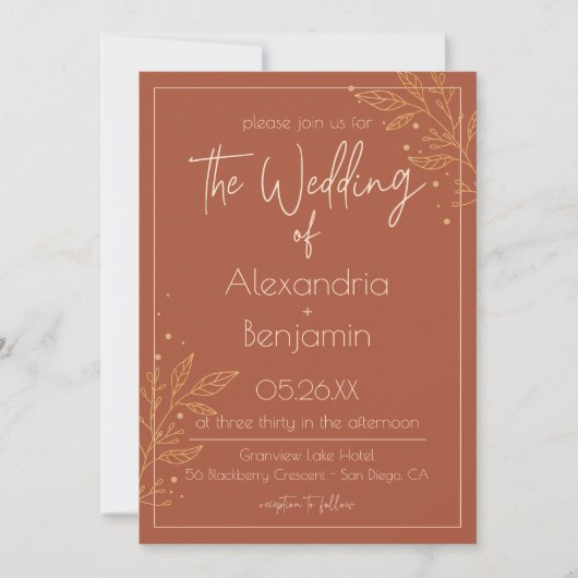 Boho Earthy Brown & Gold Modern Wedding Invitation Kaart (Voorkant)
