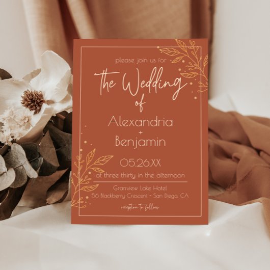 Boho Earthy Brown & Gold Modern Wedding Invitation Kaart