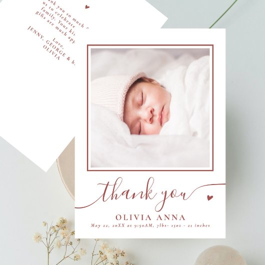 Boho Earthy Elegant Script Baby shower Foto Bedankkaart