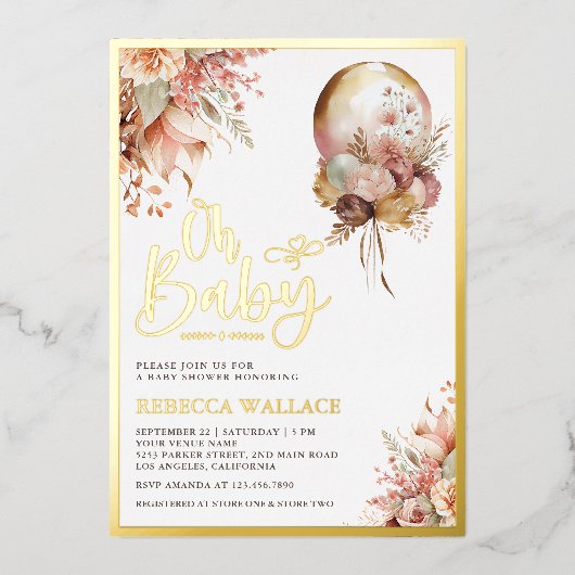 Boho Earthy Floral Balloon Baby shower Gold Folie Uitnodiging (Voorkant)