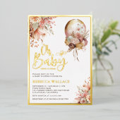 Boho Earthy Floral Balloon Baby shower Gold Folie Uitnodiging (Staand Voorkant)
