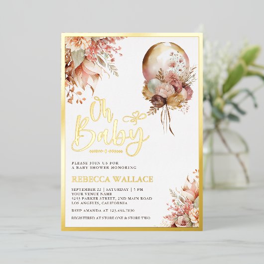 Boho Earthy Floral Balloon Baby shower Gold Folie Uitnodiging (Staand Voorkant)
