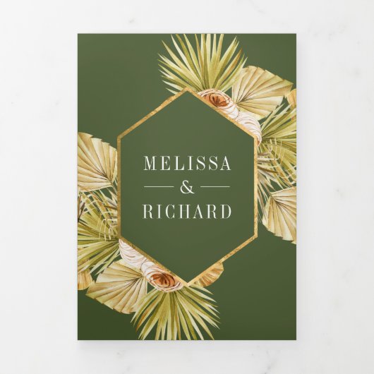 Boho Earthy Floral Olive Green QR Code Weddenschap Drieluik Uitnodiging (Cover)